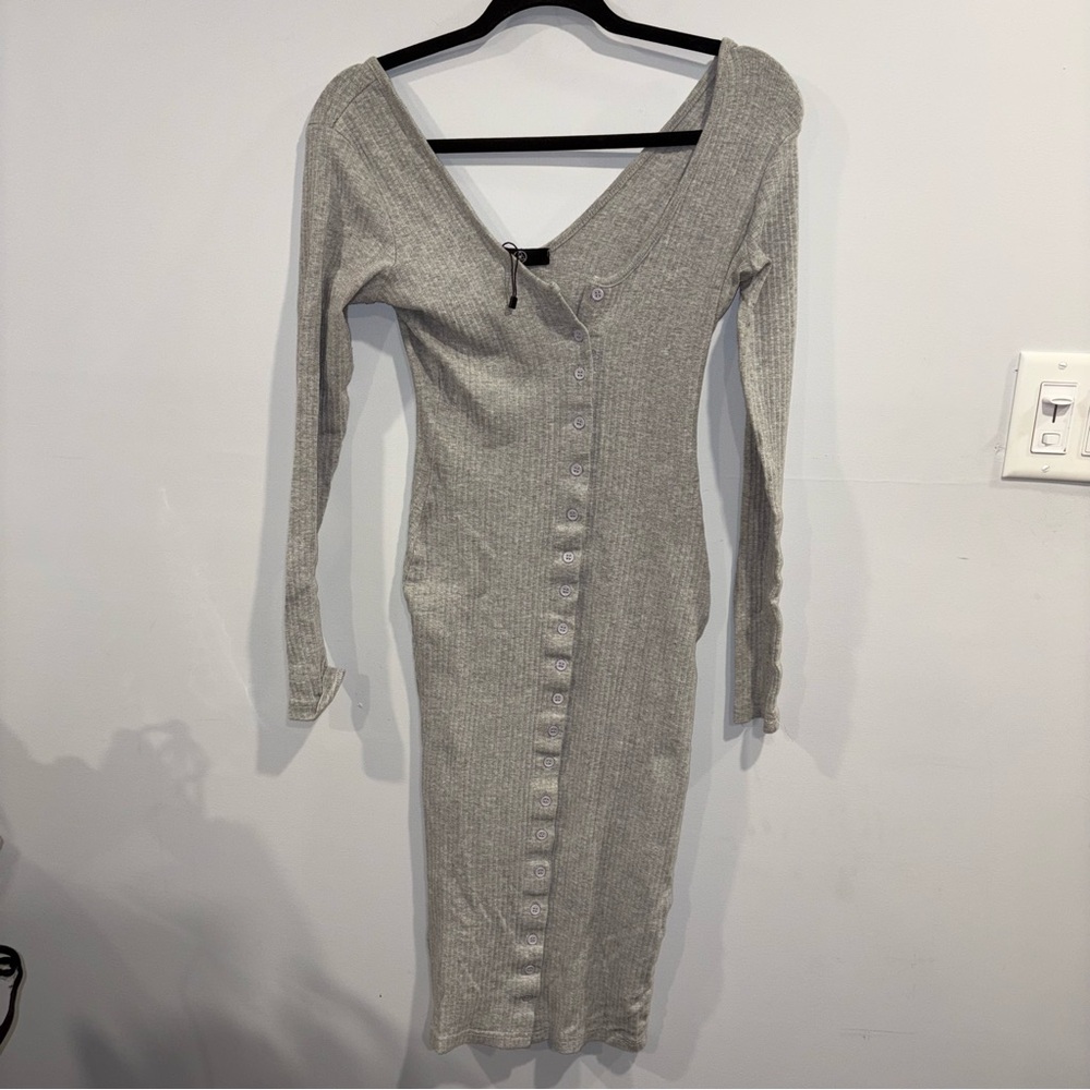 Missguided Gray Long Sleeve Ribbed Dress